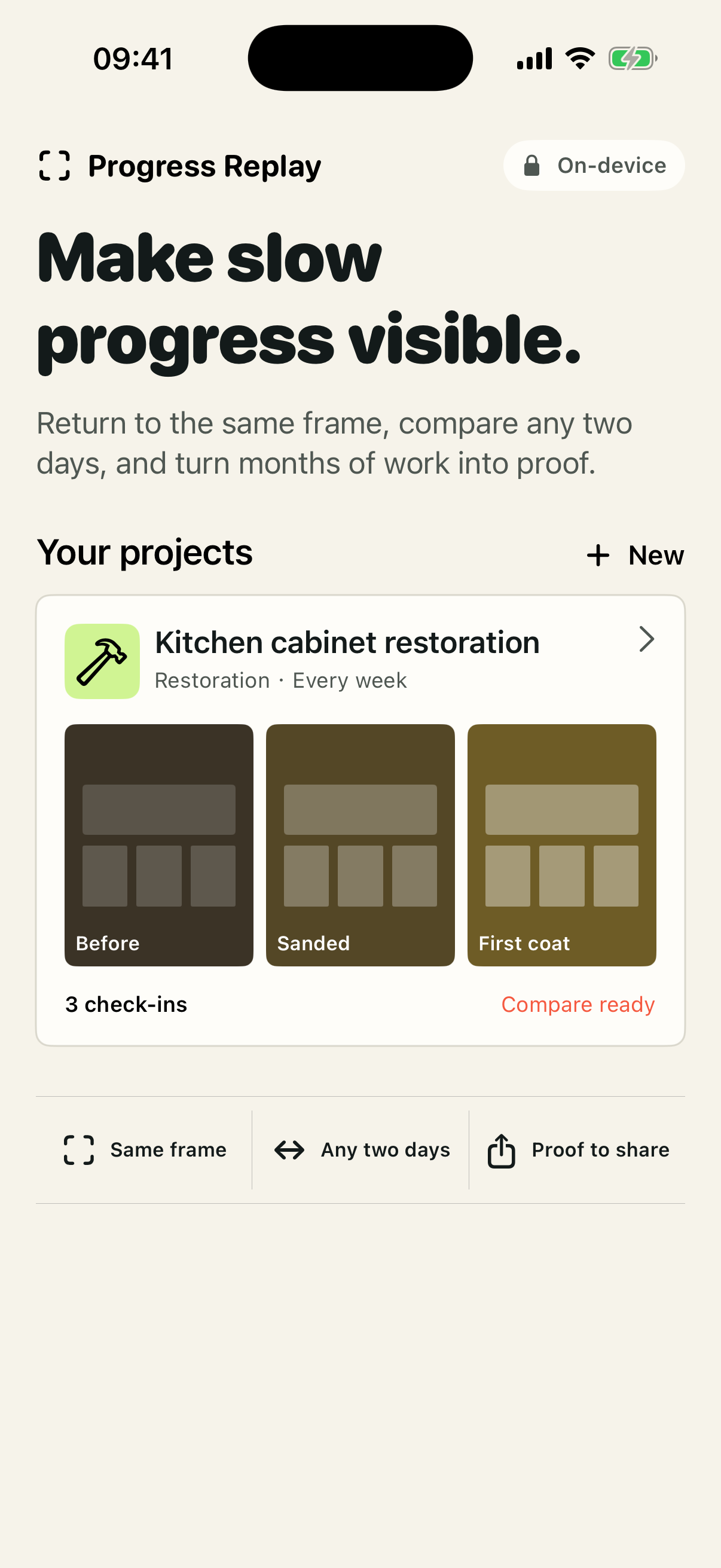 Progress Replay project timeline with dated same-frame photos