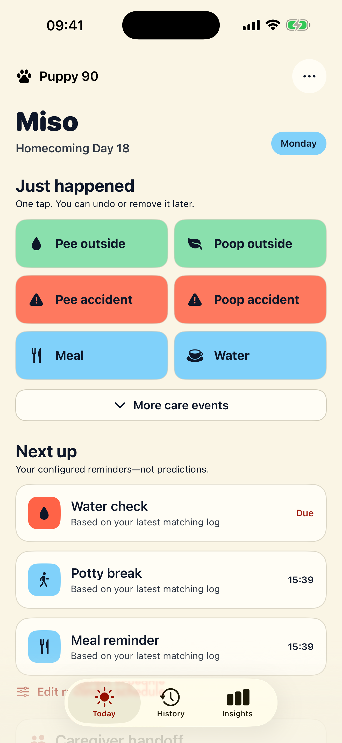 Puppy 90 one-tap care log and configured reminder screen